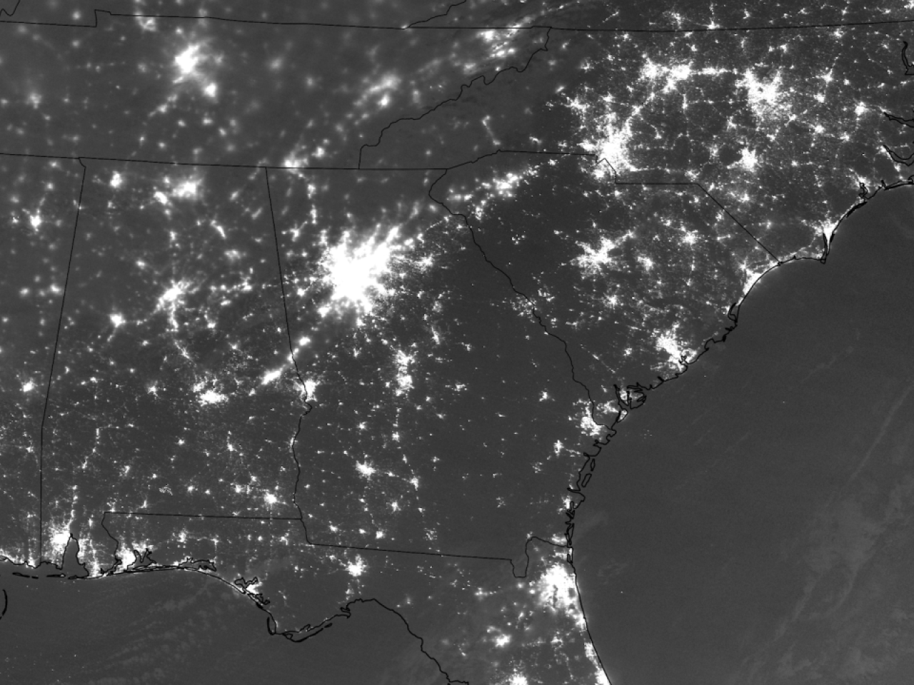 dark map of united states showing areas of black outs.