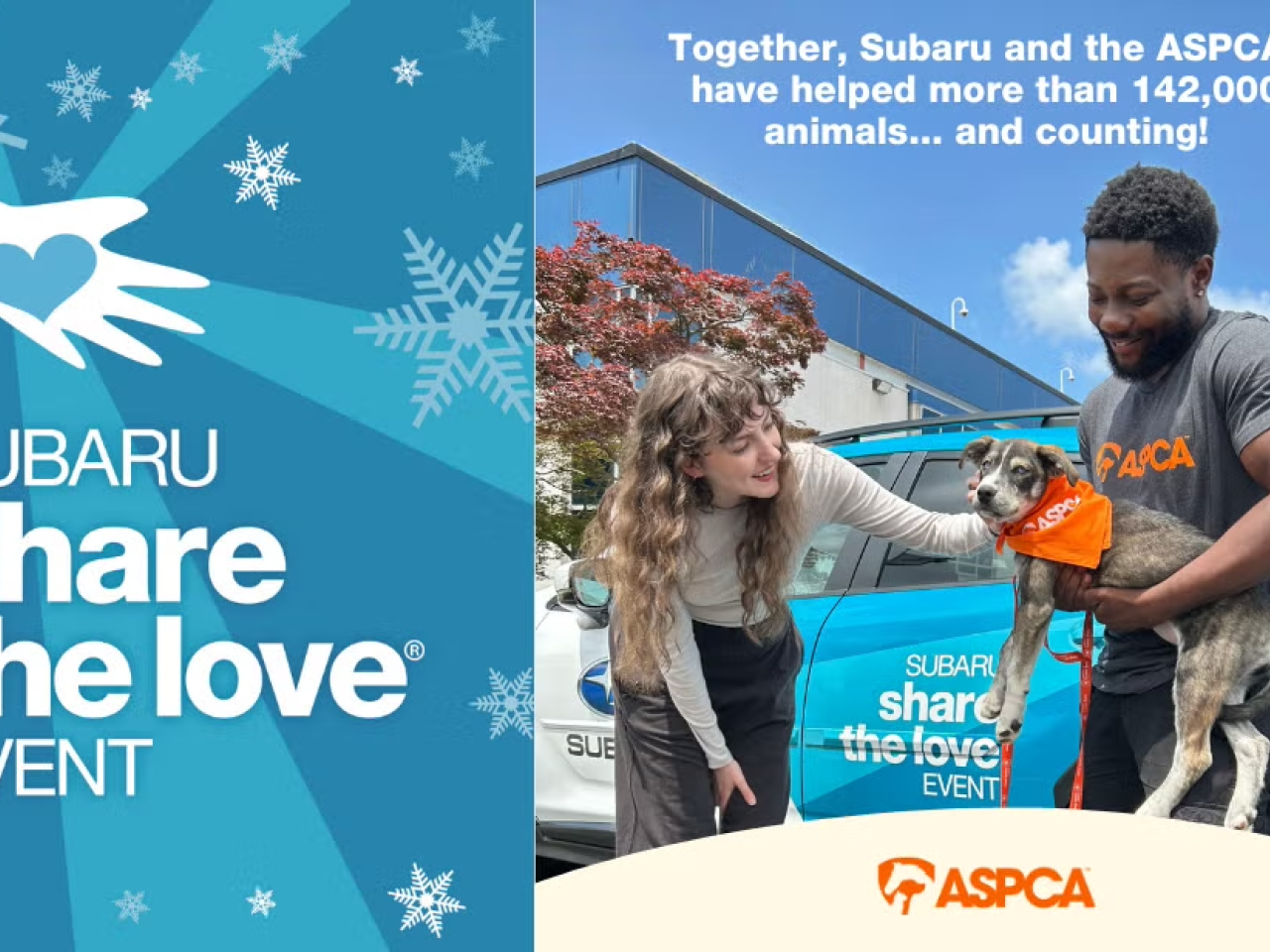 Someone pets a dog while another holds it, with text "Together, Subaru and the ASPCA have helped more than 142,000 animals... and counting!"