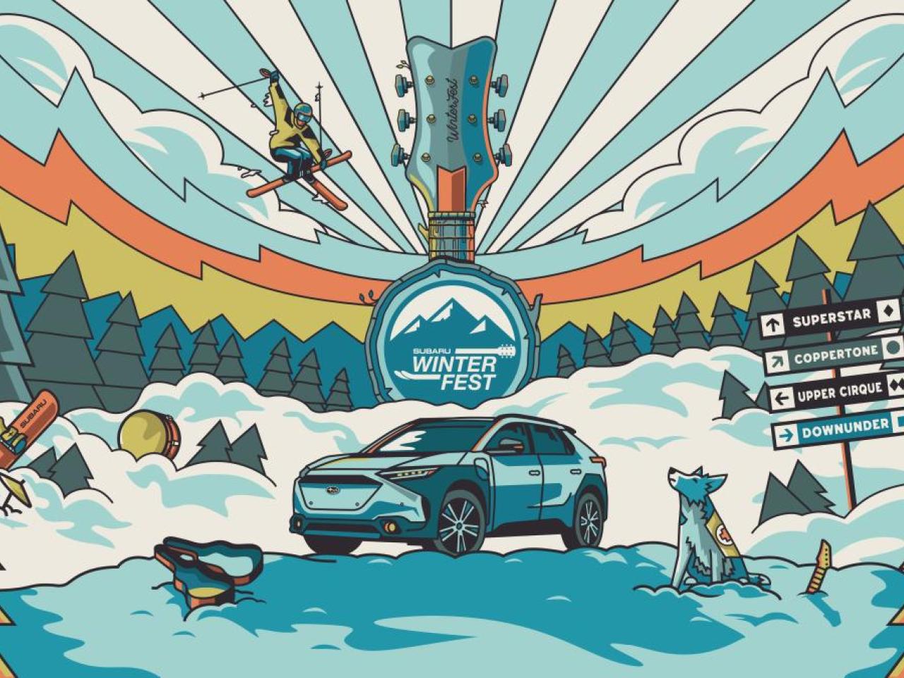 poster for event with skiing and a Subaru car
