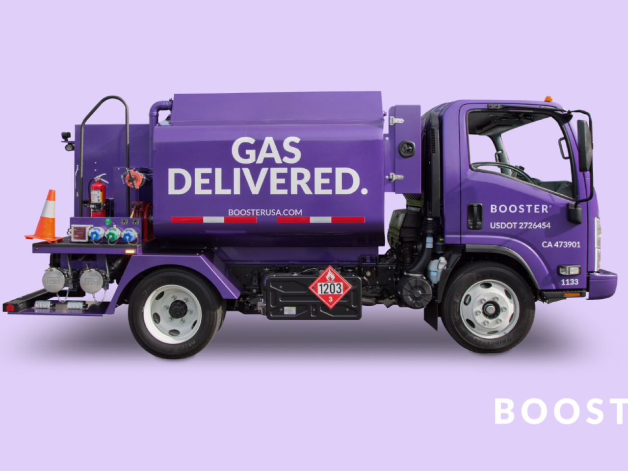 A photo of a Booster smart tanker floats on a light purple background.