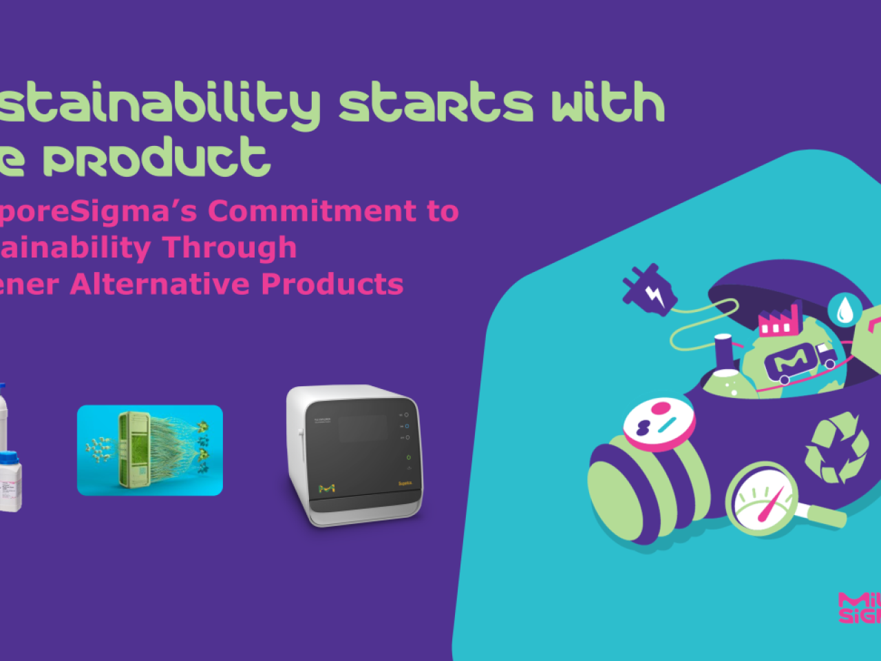 Text reads "Sustainability Starts with the Product: MilliporeSigma’s Commitment to Sustainability Through Greener Alternative Products," accompanied by three product images.