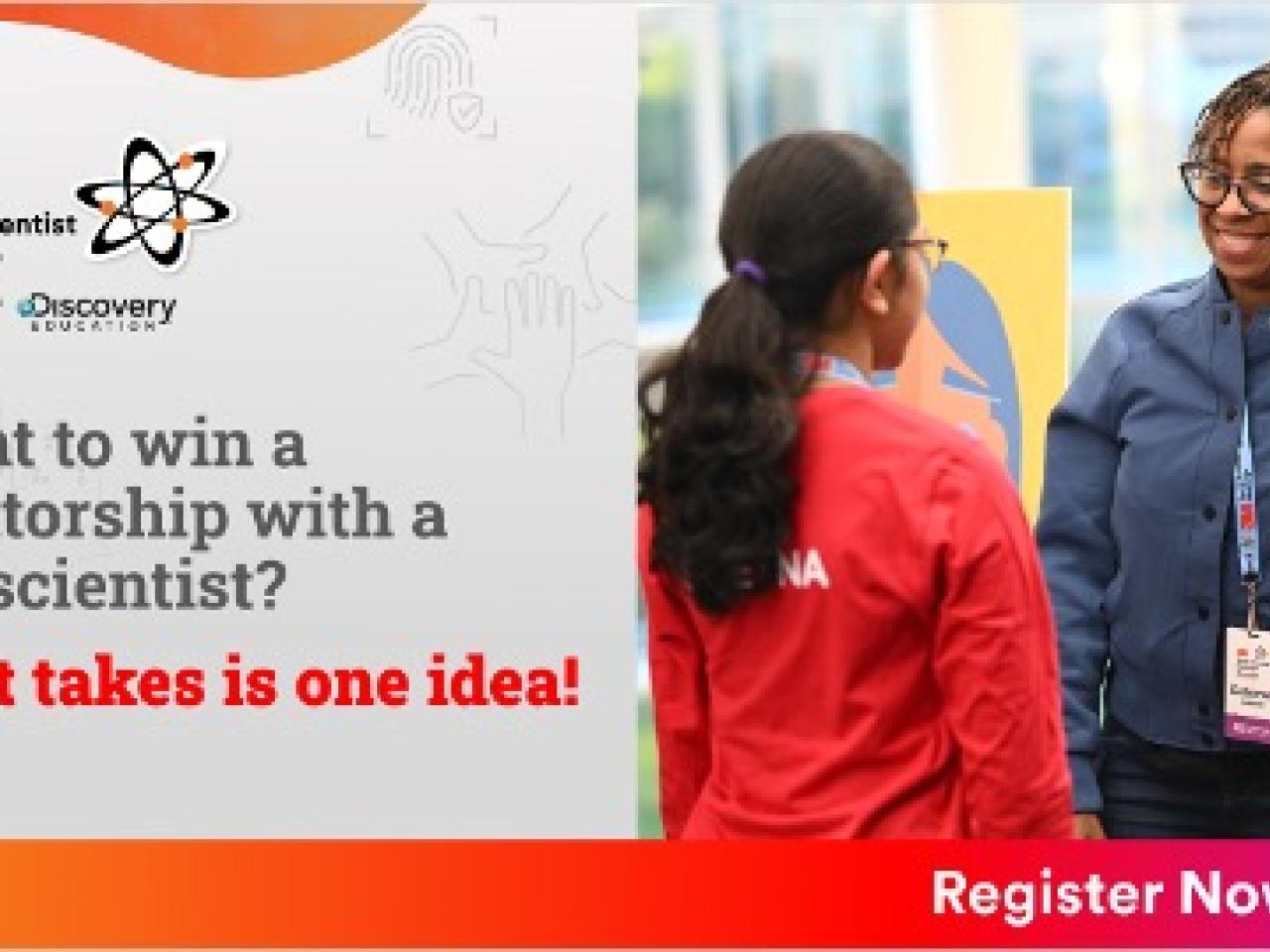 Two people smiling with "Want to win a mentorship with a 3M scientist? All it takes is one idea!"