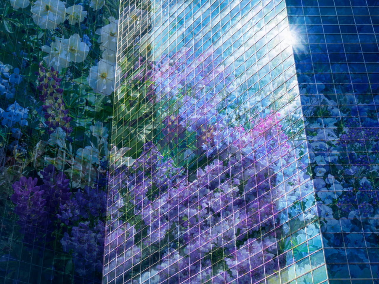 Floral reflection on mirrored building
