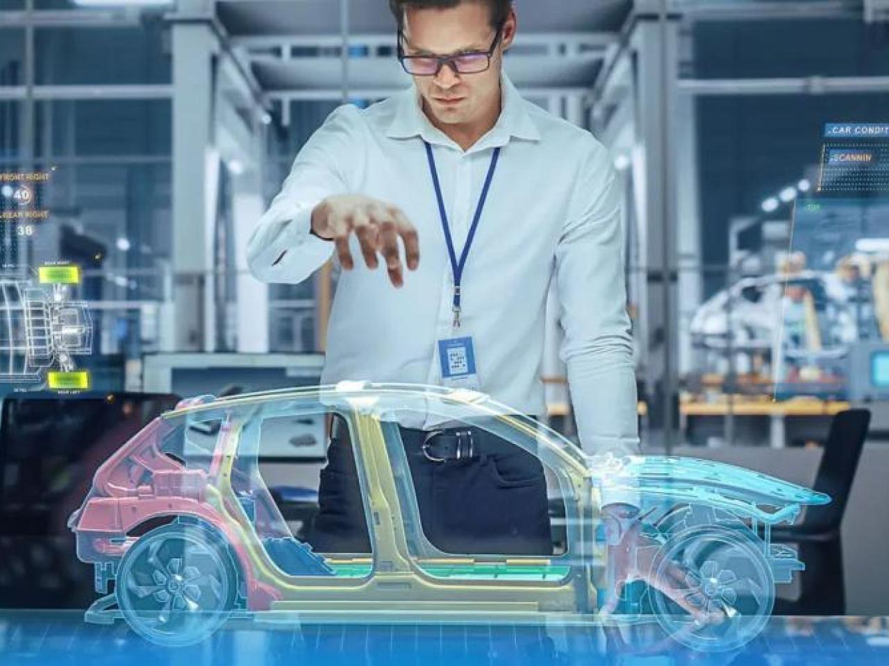 A person holding a hand over a holographic digital sketch of a car.