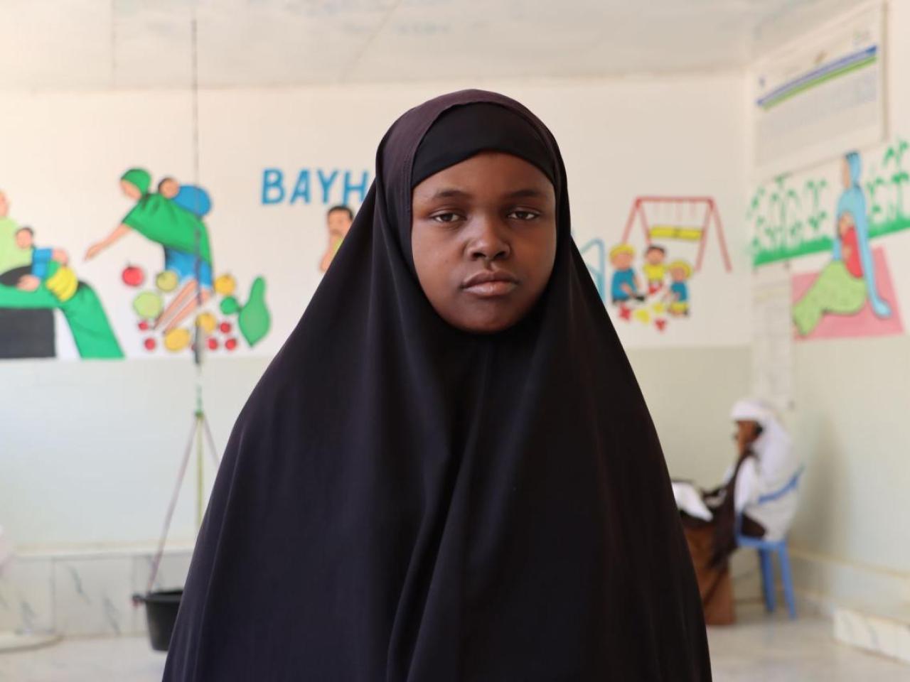 Abay at the malnutrition screening area of Bayhaaw Stabilization Center