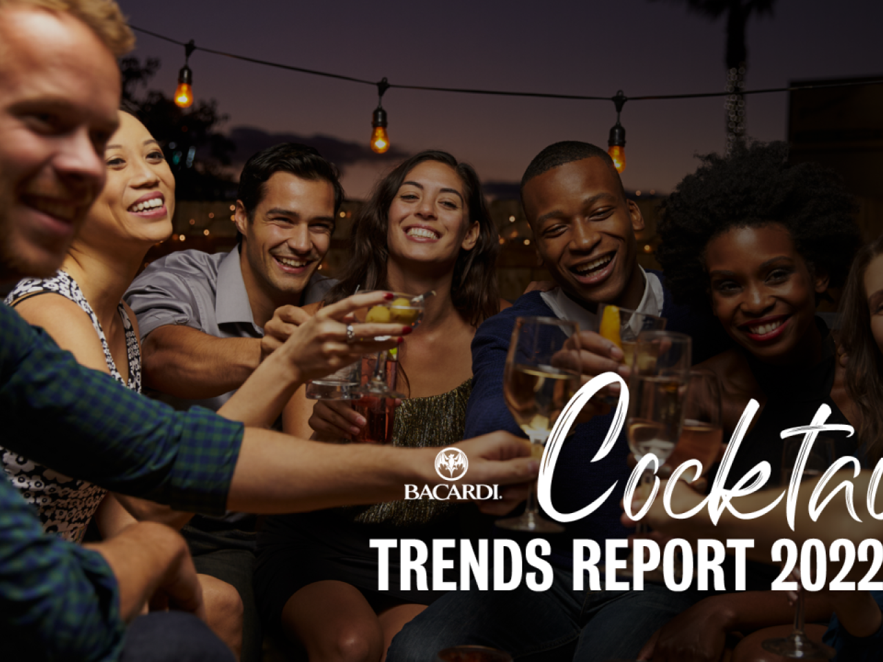 Bacardi Cocktail Trends Report 2022 cover showing a group of people raising their glasses