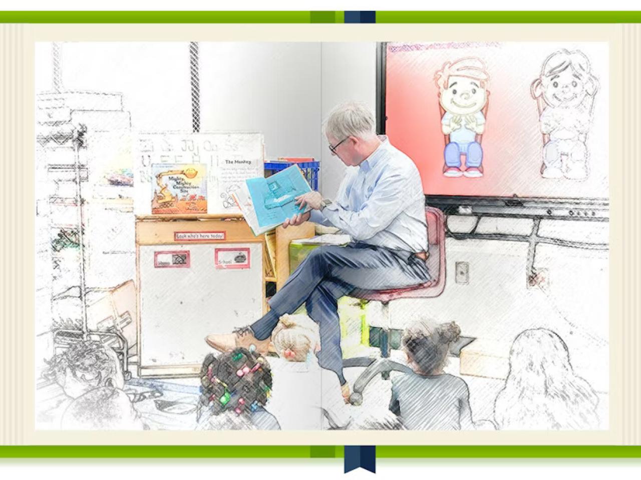 Bill Bateman reading to a classroom of children