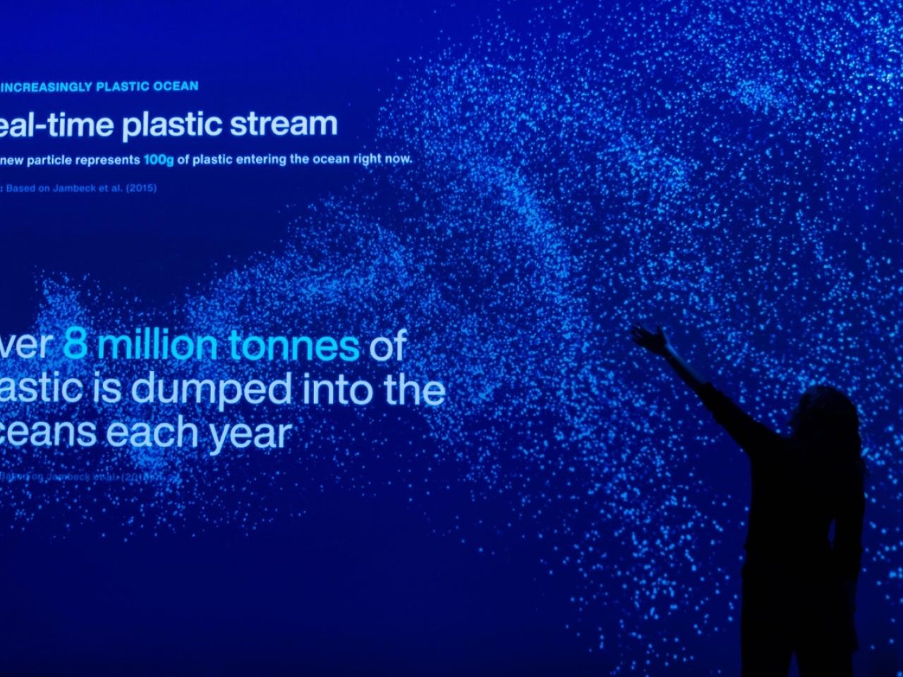 "Real-time plastic stream, Over 8 million tonnes of plastic is dumped into the oceans each year" with blue background
