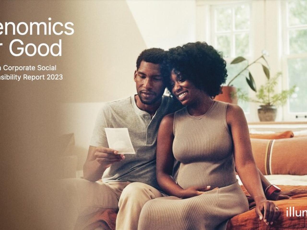 A couple looking at an image together. Reads: "Genomics for Good"