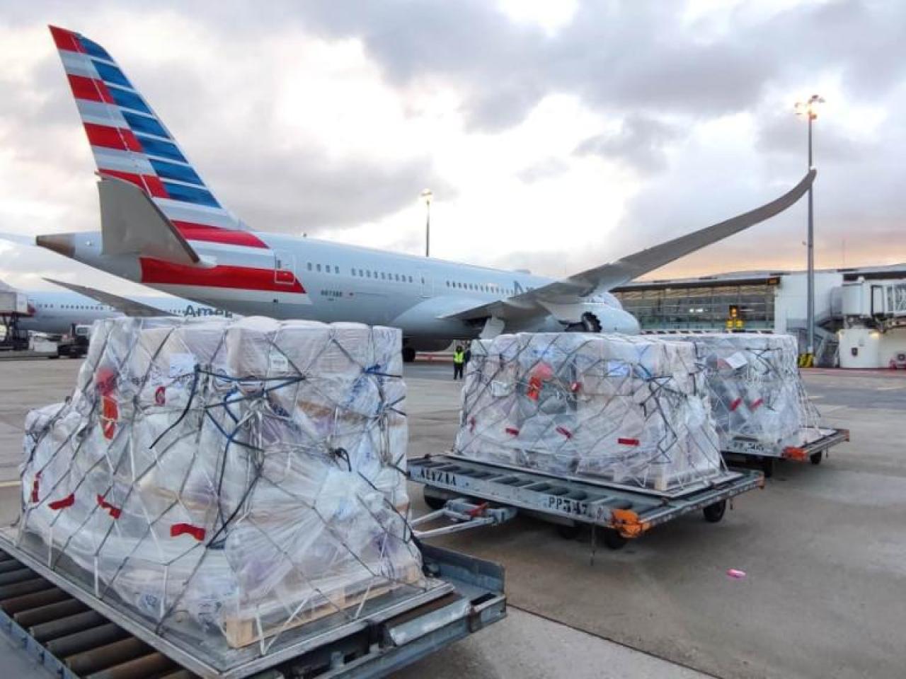 Pallets of cargo on a runway with two American Airlines planes behind them.