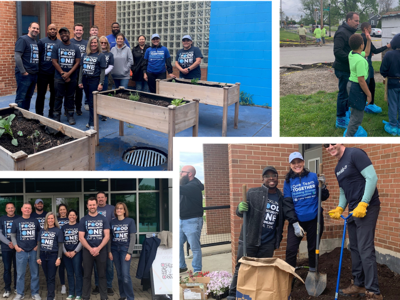 Four picture collage of volunteers in garden setting, and working with kids.