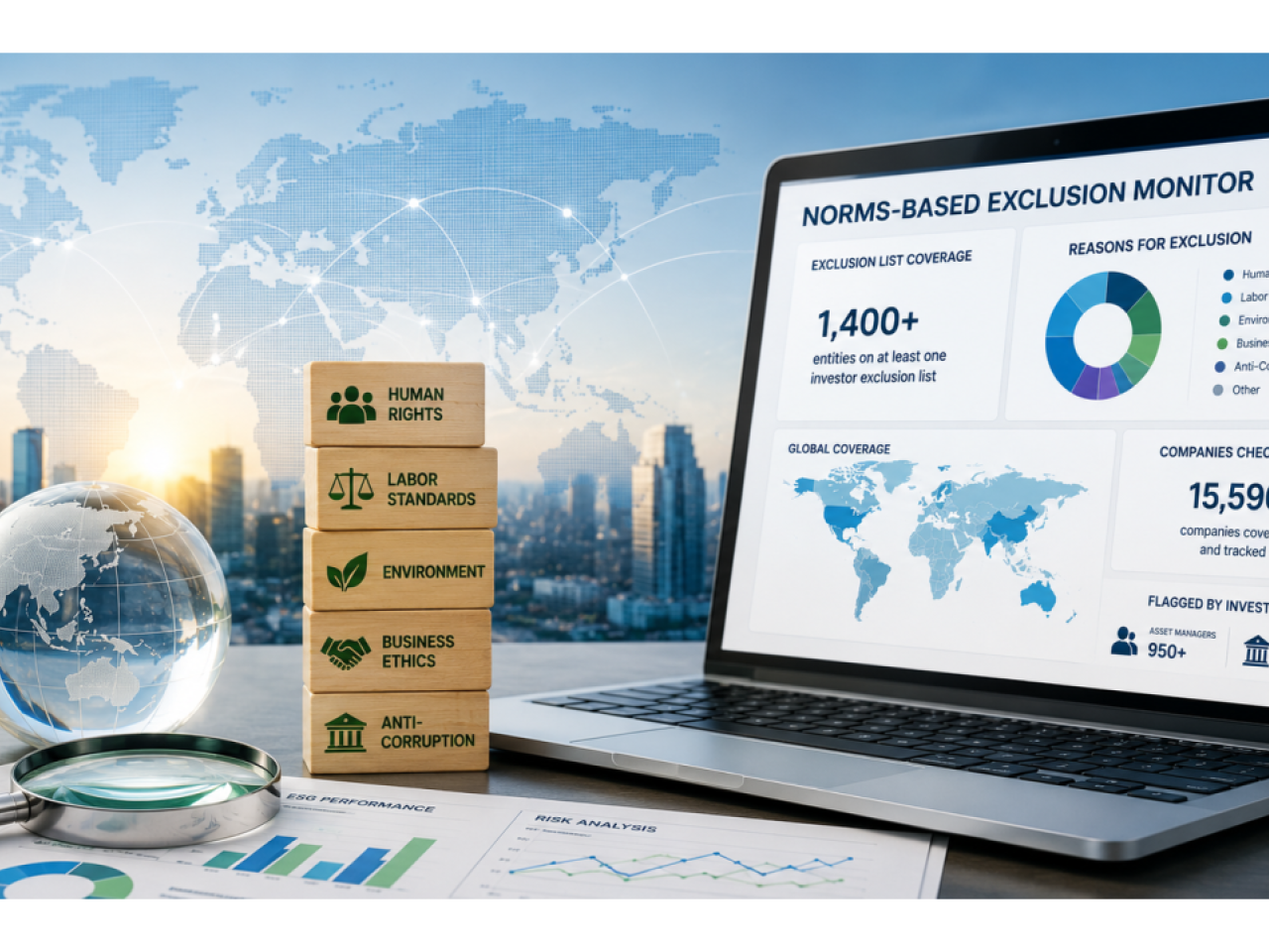 Corporate ESG compliance and norms monitoring illustration featuring a global dashboard, exclusion monitor metrics, world map, and risk analysis tools. The image highlights norms-based exclusion data, investor screening, ethics monitoring, and ESG benchmarking for companies worldwide.
