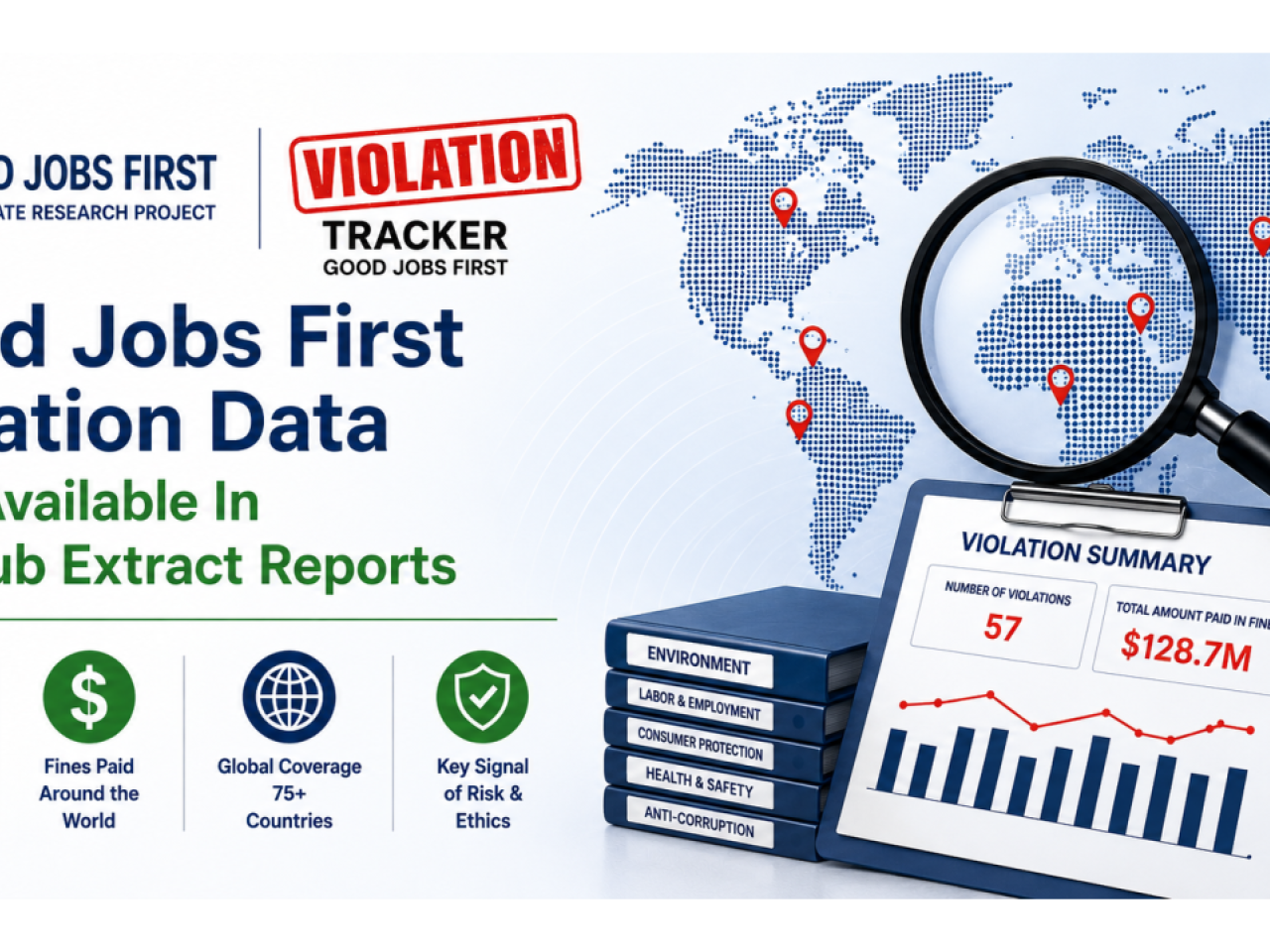 Good Jobs First Violation Data announcement graphic showing a clean corporate layout with a world map background, magnifying glass, and bar chart. Headline reads “Good Jobs First Violation Data Now Available in CSRHub Extract Reports.” Visual elements include icons for corporate misconduct data, fines, global coverage, and risk signals, alongside a sample violation summary chart displaying number of violations and total fines.