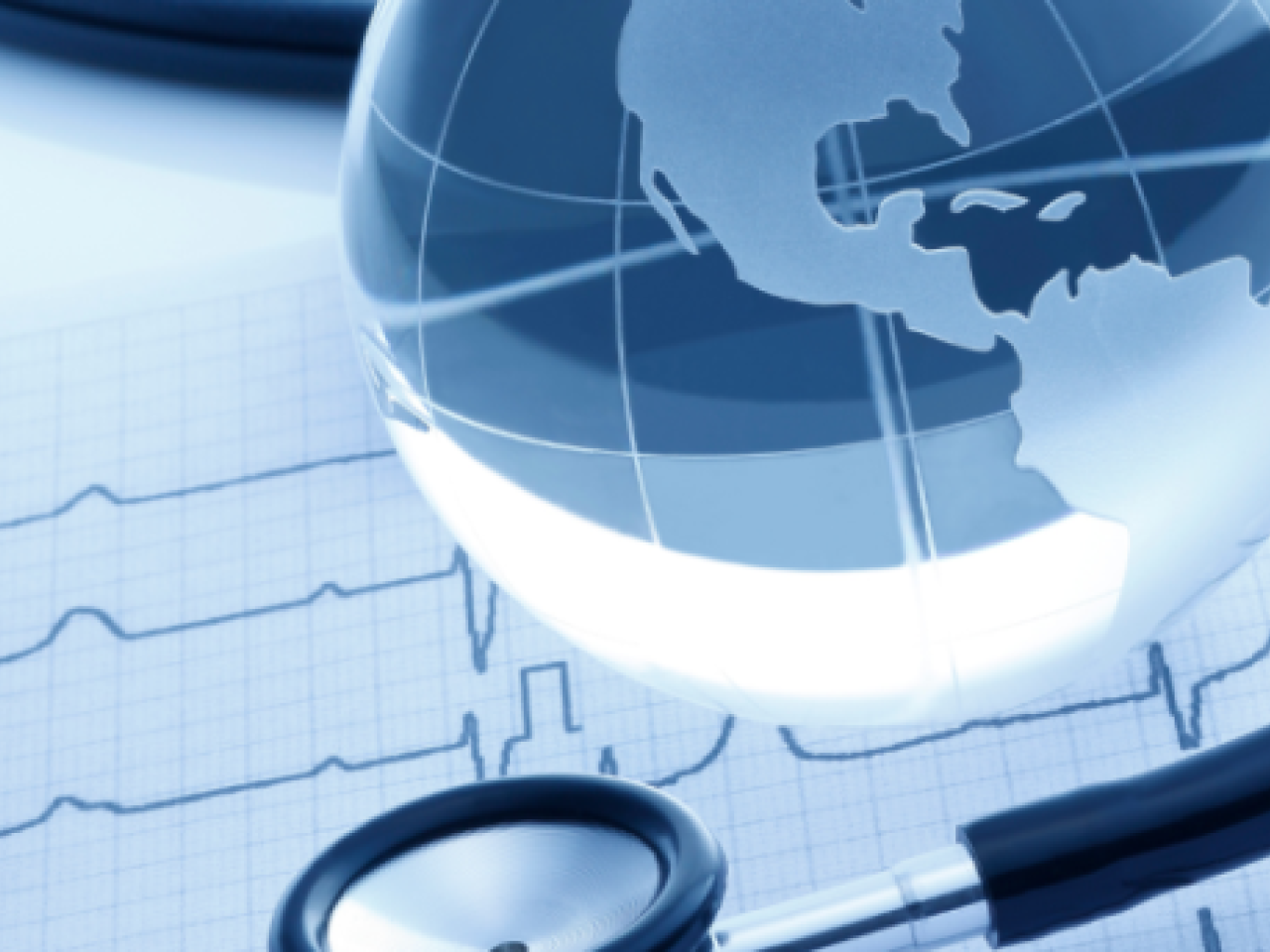 Medical equipment surrounds a representation of a globe