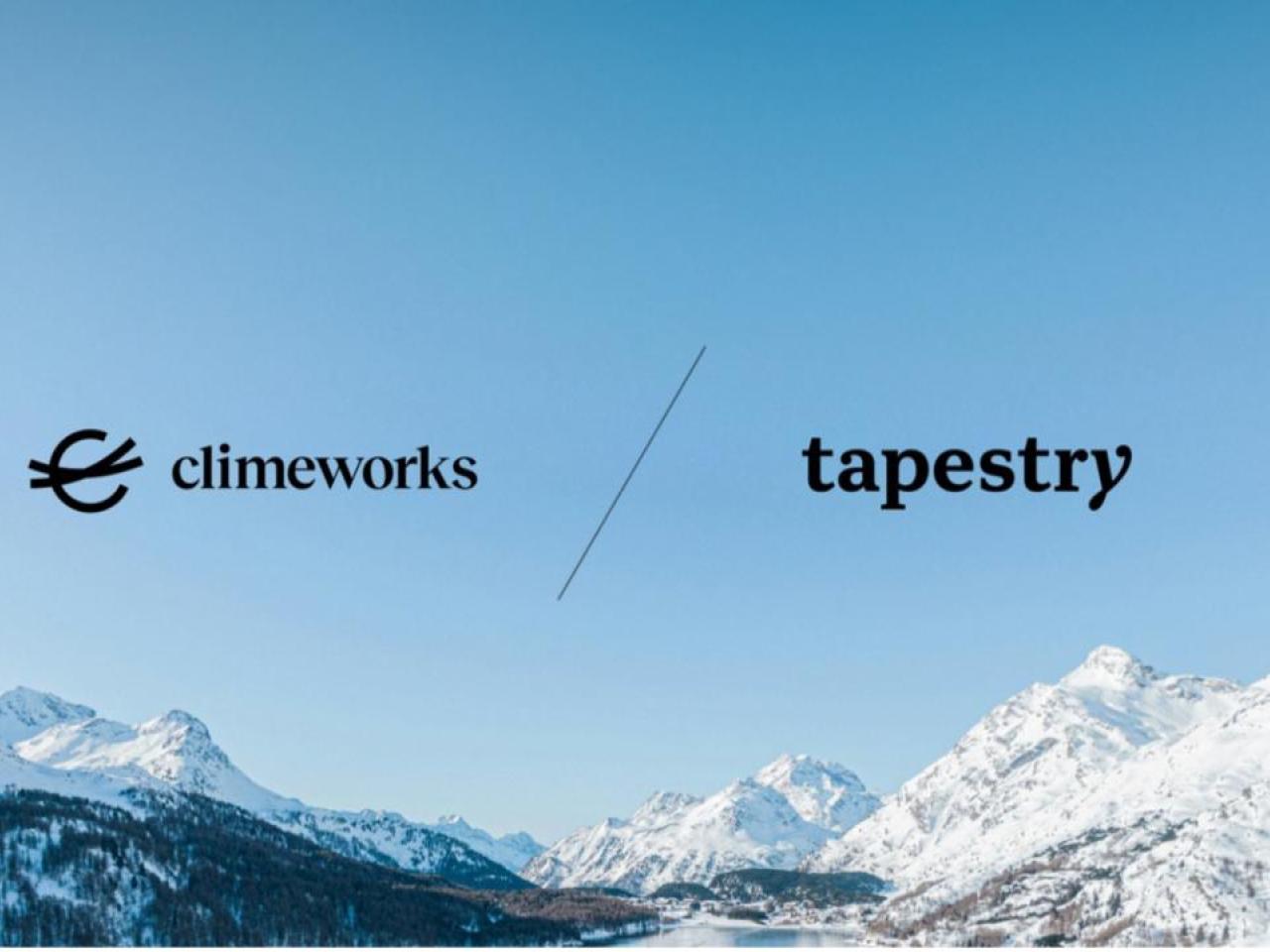 logos for Climeworks and Tapestry on background of mountain landscape