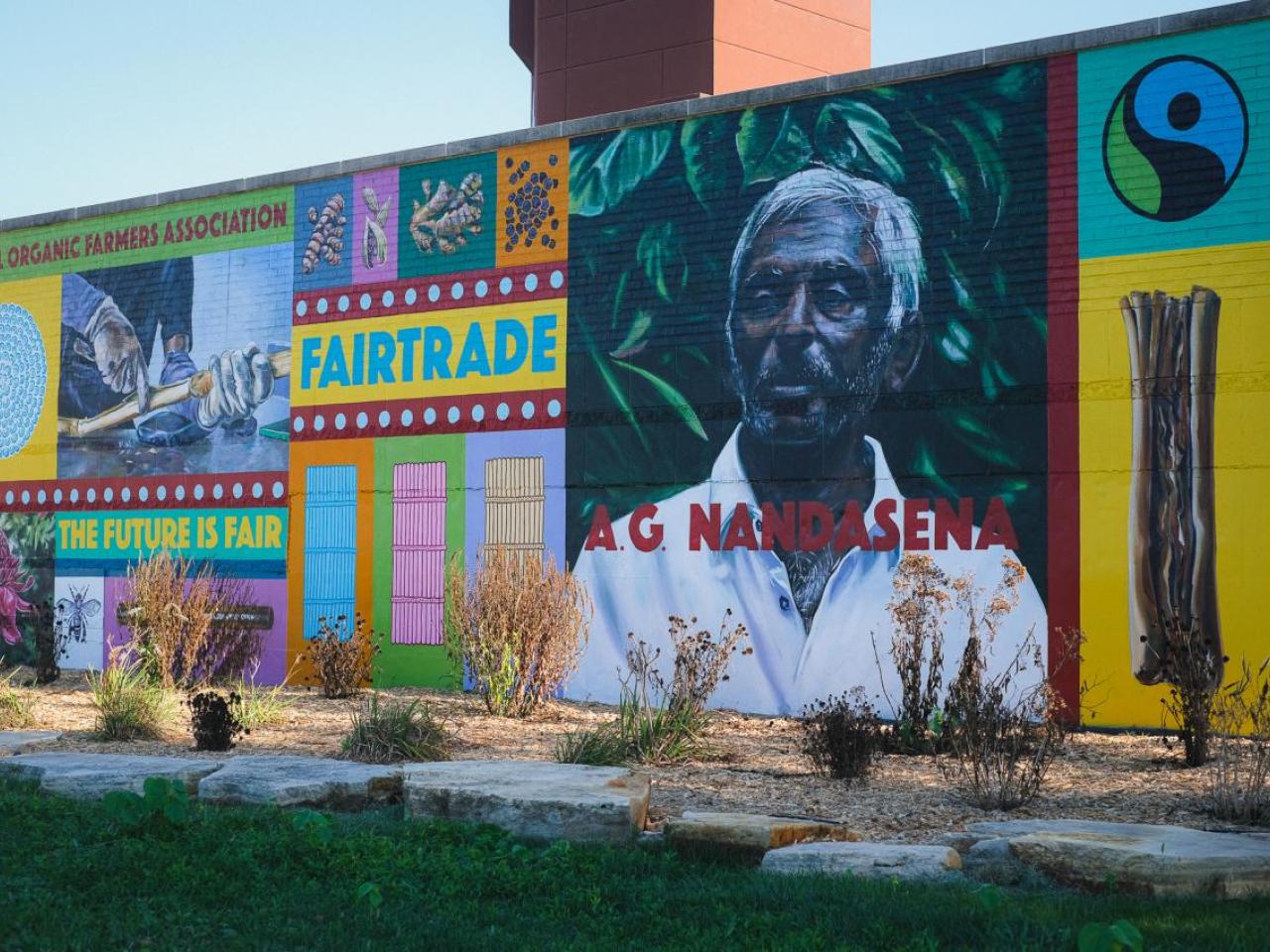 Mural depicting spice farmer, A.G. Nandasena in Coralville, IA, commissioned by Fairtrade America.