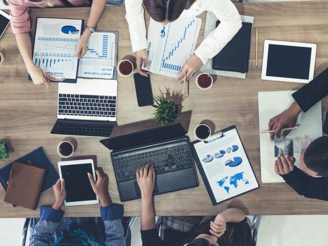 Aerial view of an office meeting