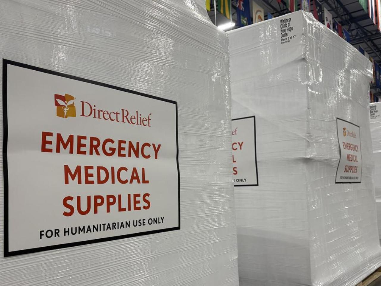 Medical aid, including protective gear for health workers, is staged at Direct Relief's warehouse on May 21, 2026. The shipment is bound for the Democratic Republic of Congo, where an outbreak of a rare strain of Ebola has prompted a public health response. (Tori Gordon/Direct Relief)
