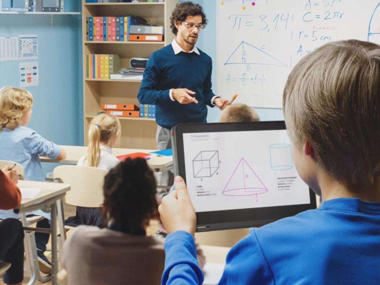 Student using a tablet in a math class