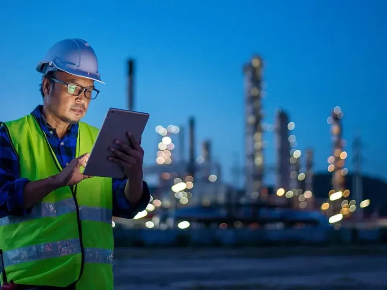 Construction worker using a tablet in front of a city skyline
