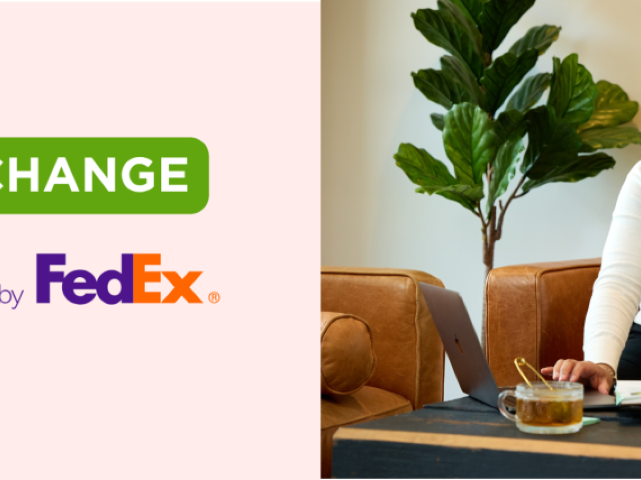 "Expert Exchange Sponsored by FedEx" next to image of woman working on laptop