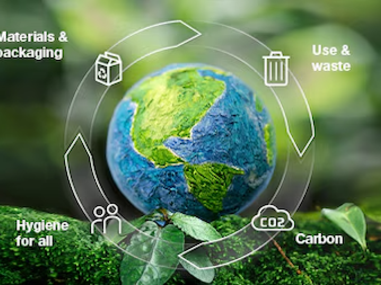 Globe shown with sustainability terms: Carbon, use and waste, materials and packaging and hygiene for all.
