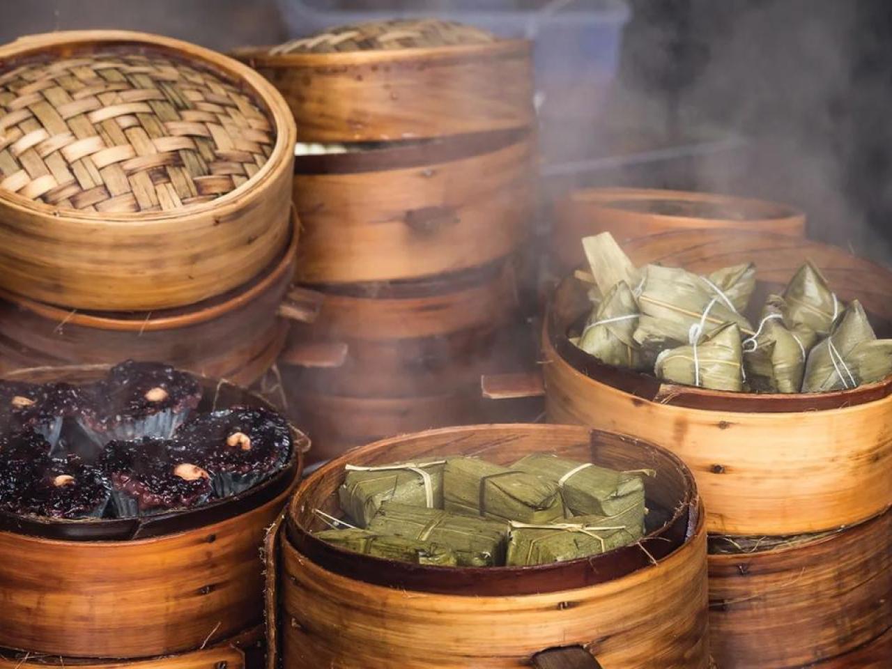 Steamer baskets filled with food