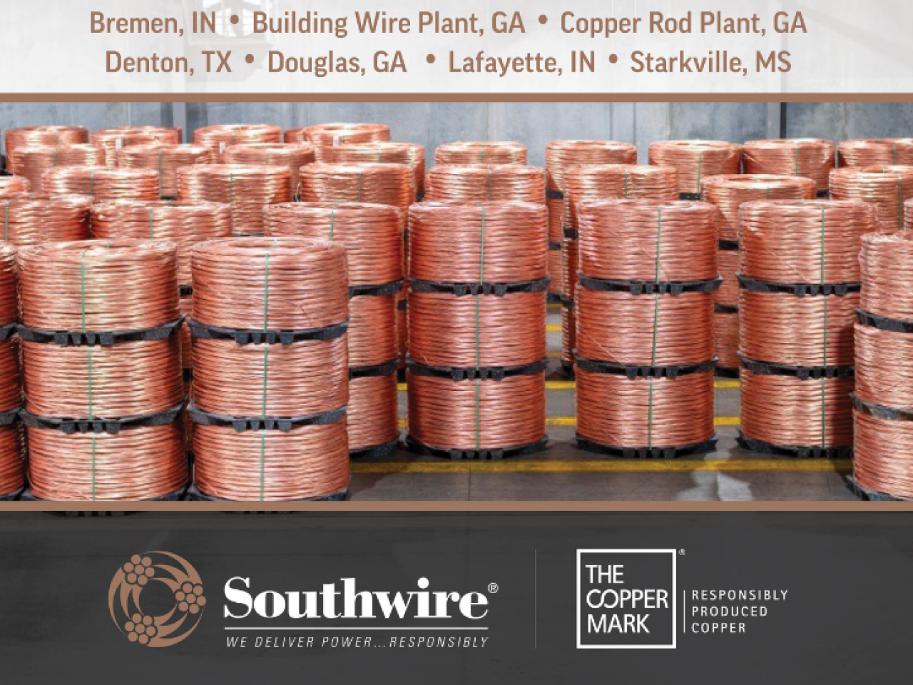 Photo of copper rod spools and list of Southwire sites that have been awarded The Copper Mark