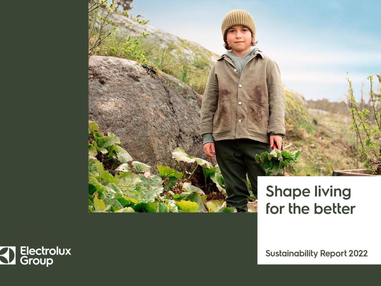 "Shape living for the better Sustainability Report 2022" with Electrolux Group logo and child