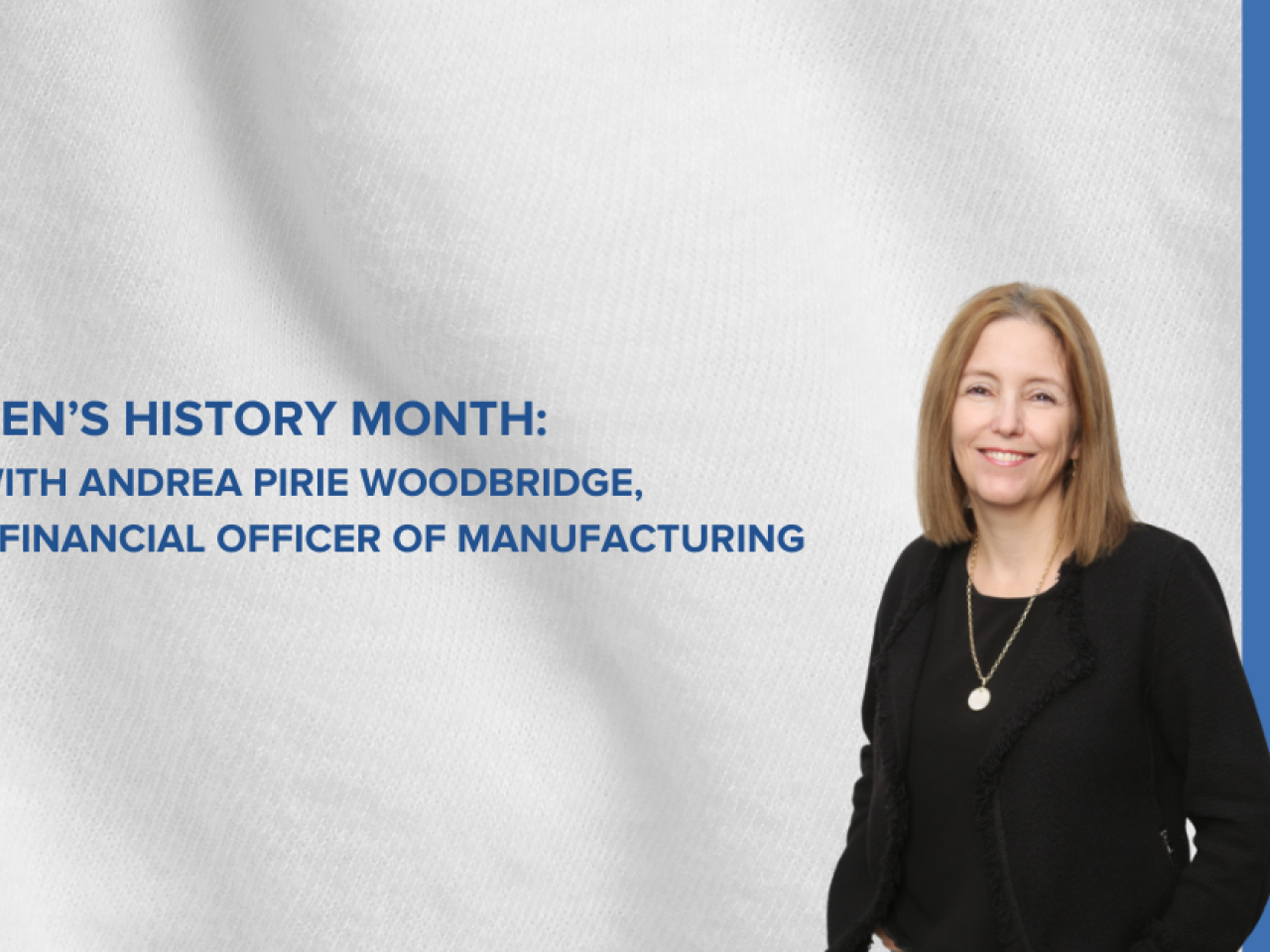 White fabric background with a blue strip, featuring Andrea Pirie Woodbridge and the article title