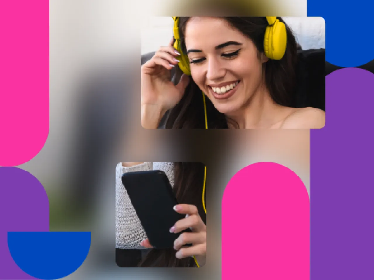 Young woman shown wearing headphones and looking at her phone.