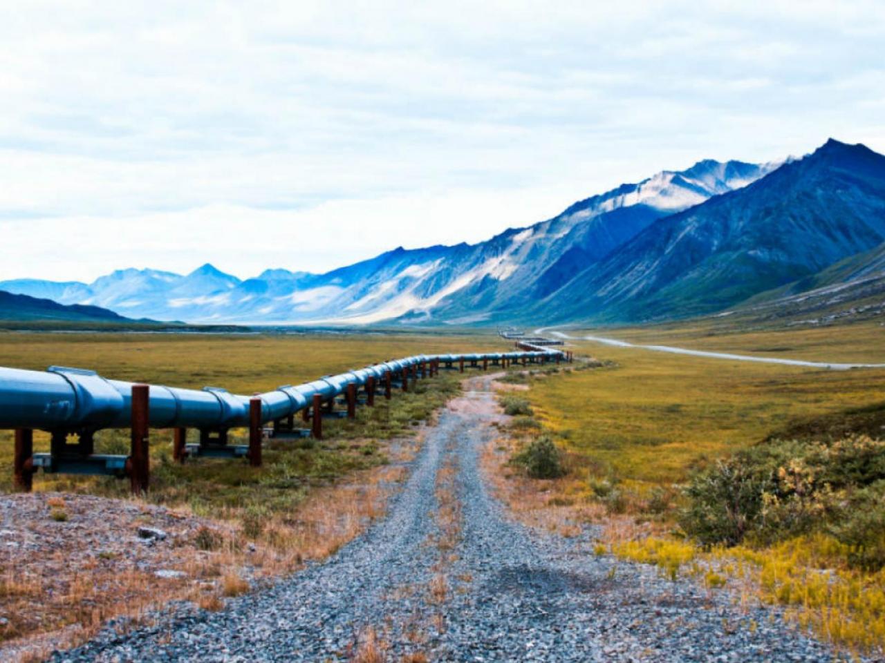 Landscape of pipeline running through mountain range