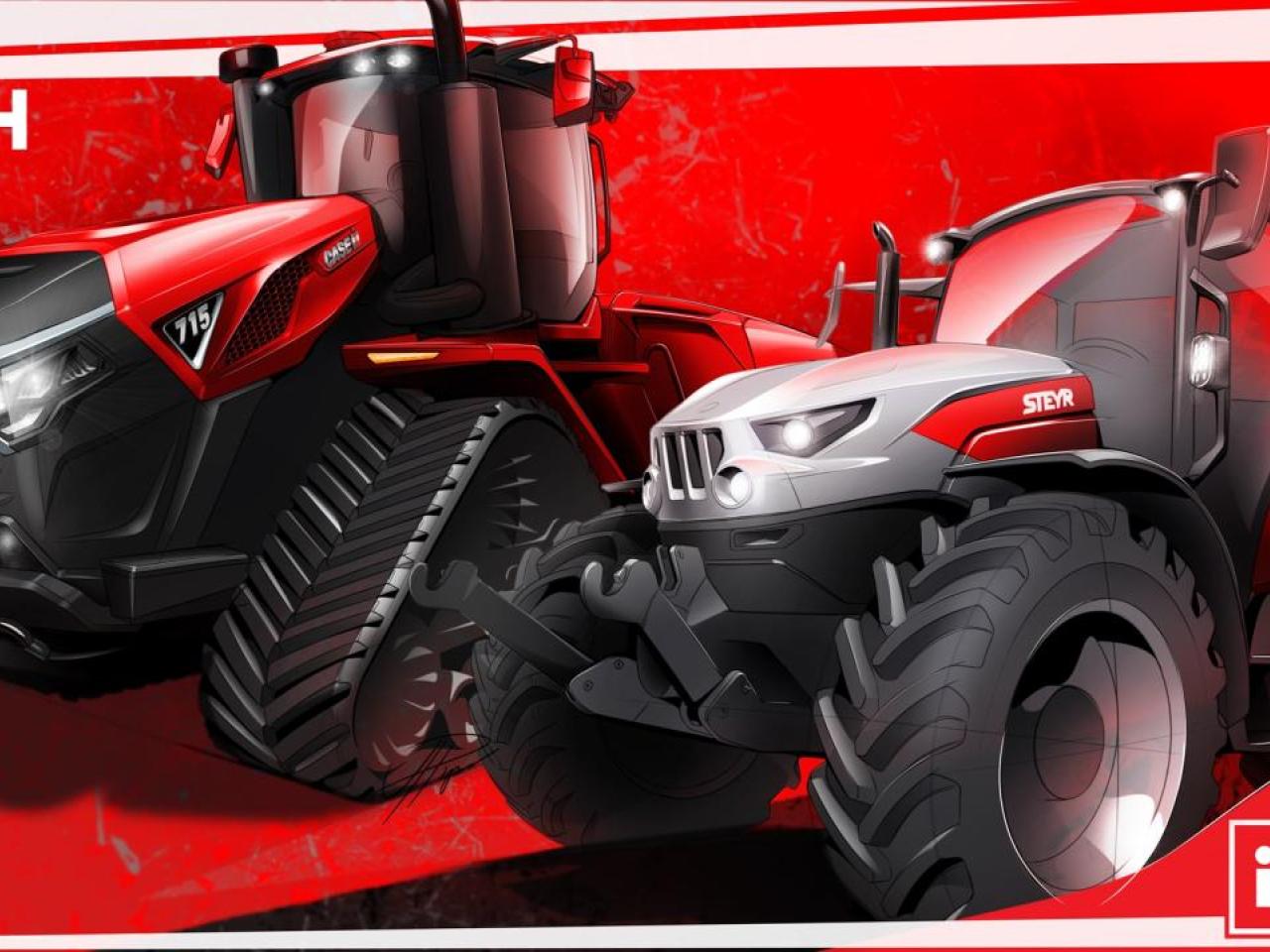 Two large farming tractors, CNH logo