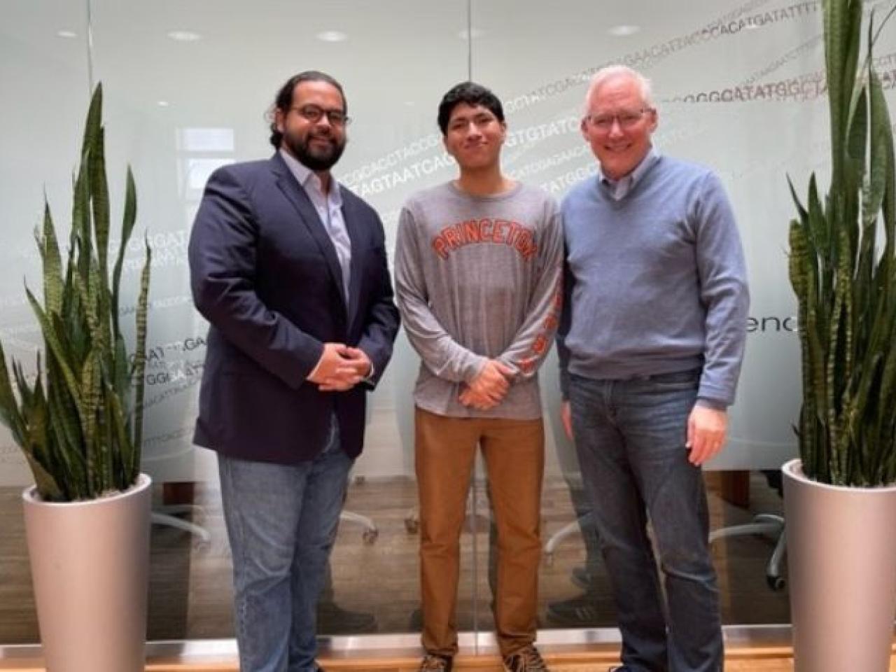 SD2's H. Puentes and student Alejandro Pliego visit with Illumina Chief Public Affairs Officer John Frank at the company's San Diego HQ.