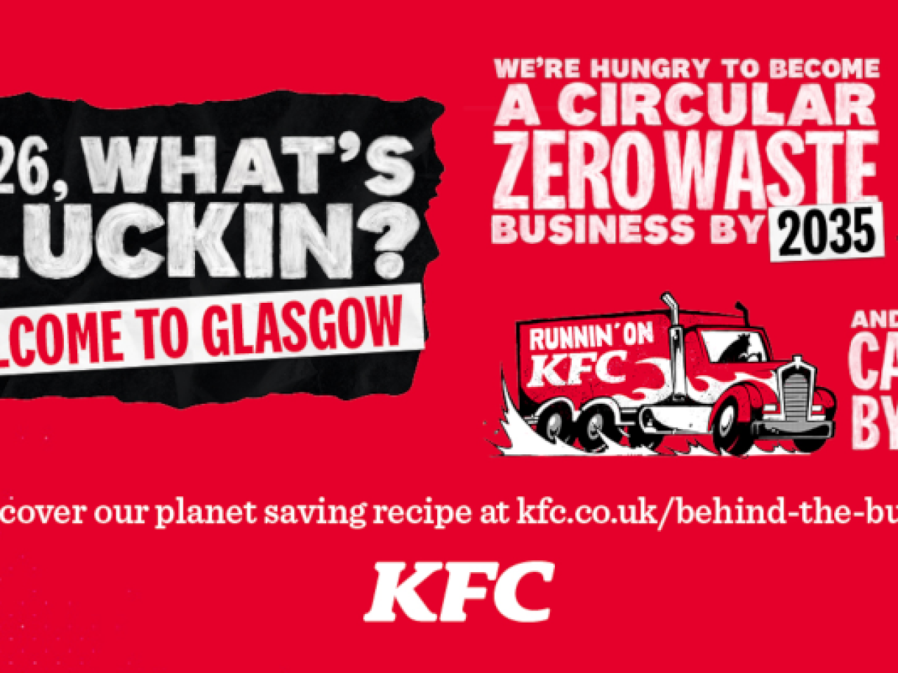 Graphic featuring KFC's 2035 circular zero waste goal and 2040 net zero carbon goal