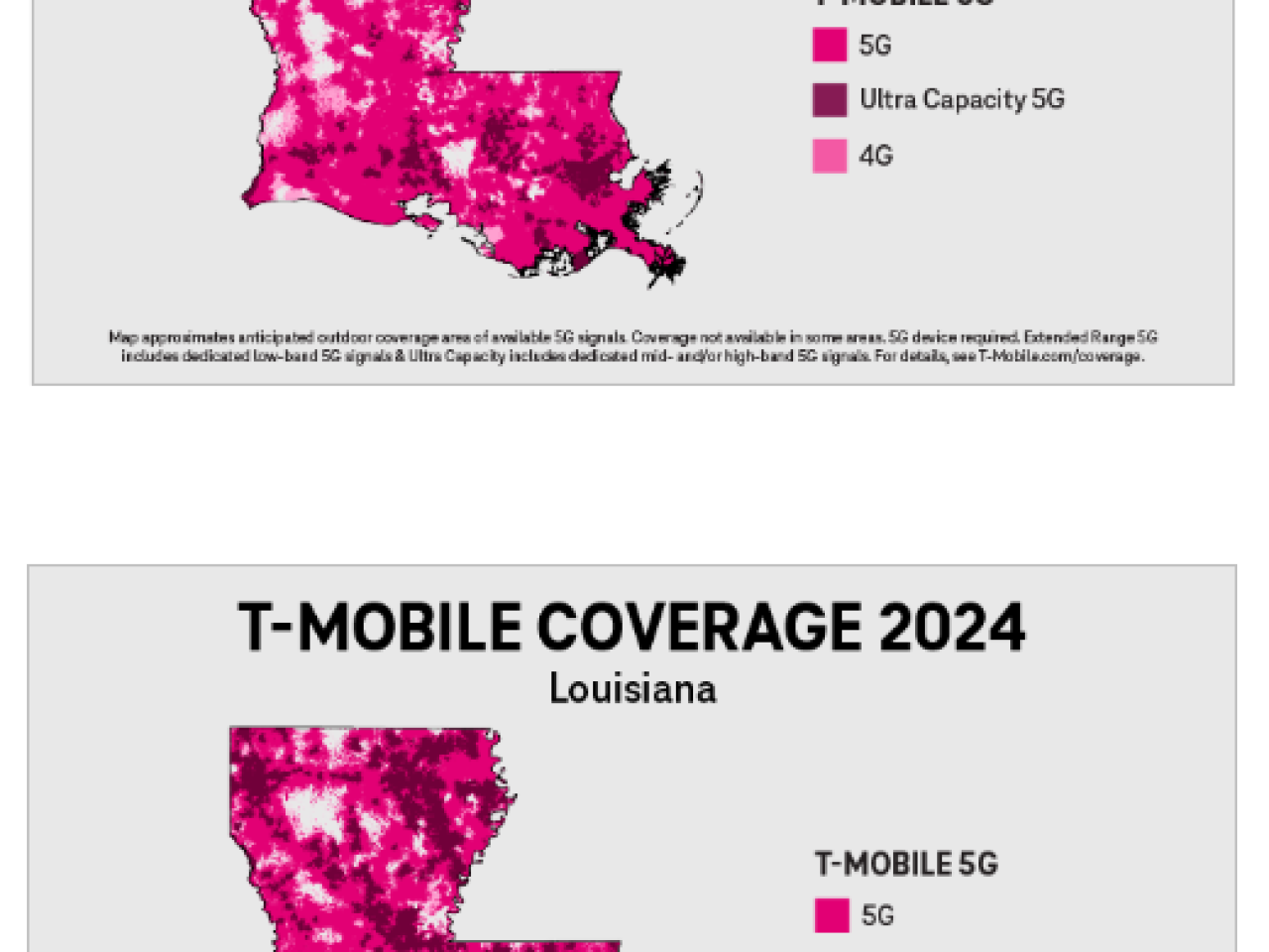 Side by side maps "T-Mobile coverage 2021 and 2024" in Louisiana. Different colors representing different coverage levels.