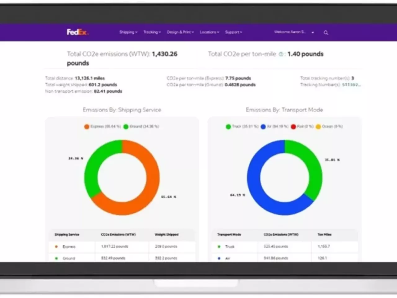 Illustration of FedEx® Sustainability Insights running on a laptop