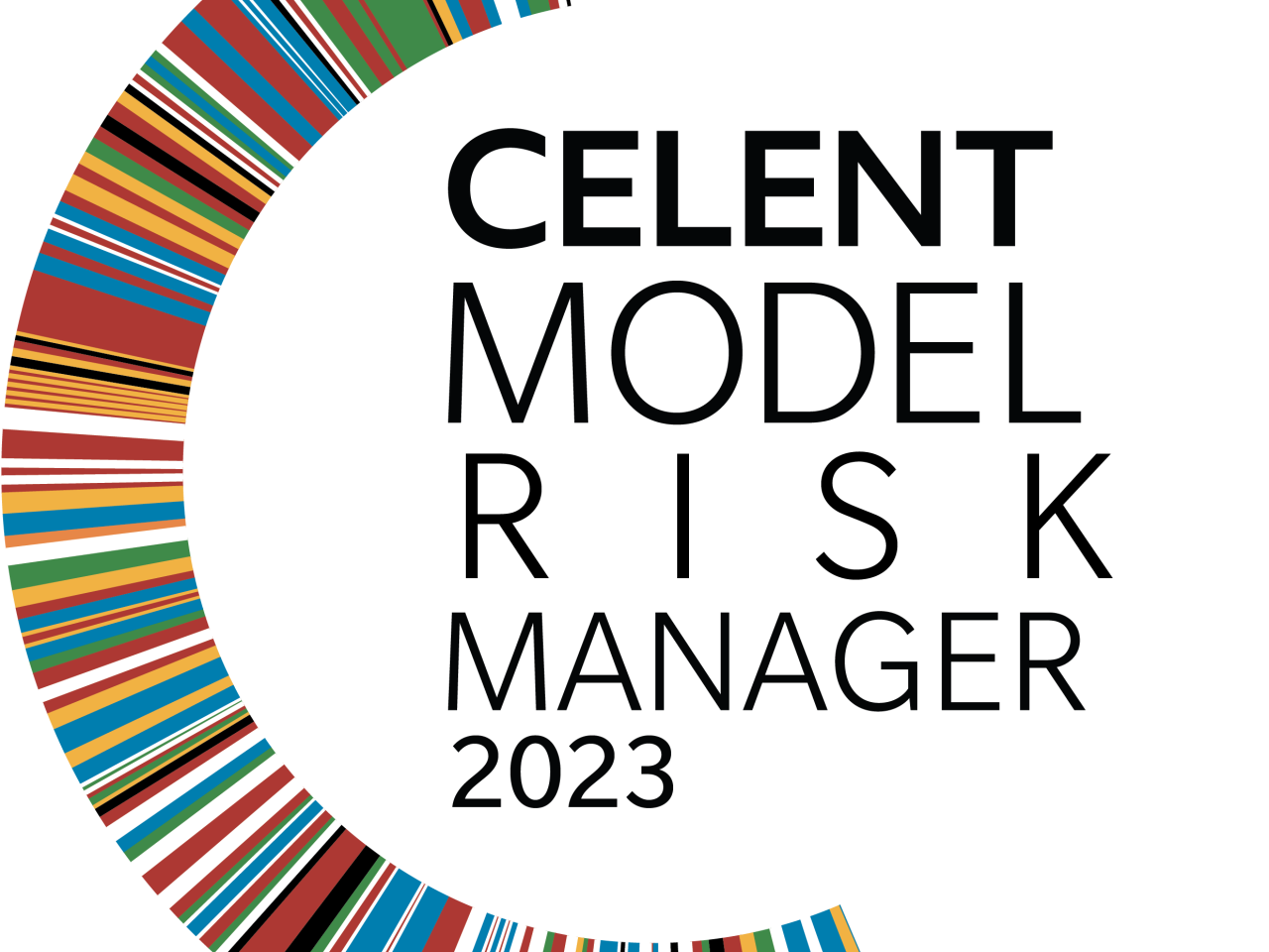 "Celent model risk manager 2023" and logo of many colored stripes in a C formation.