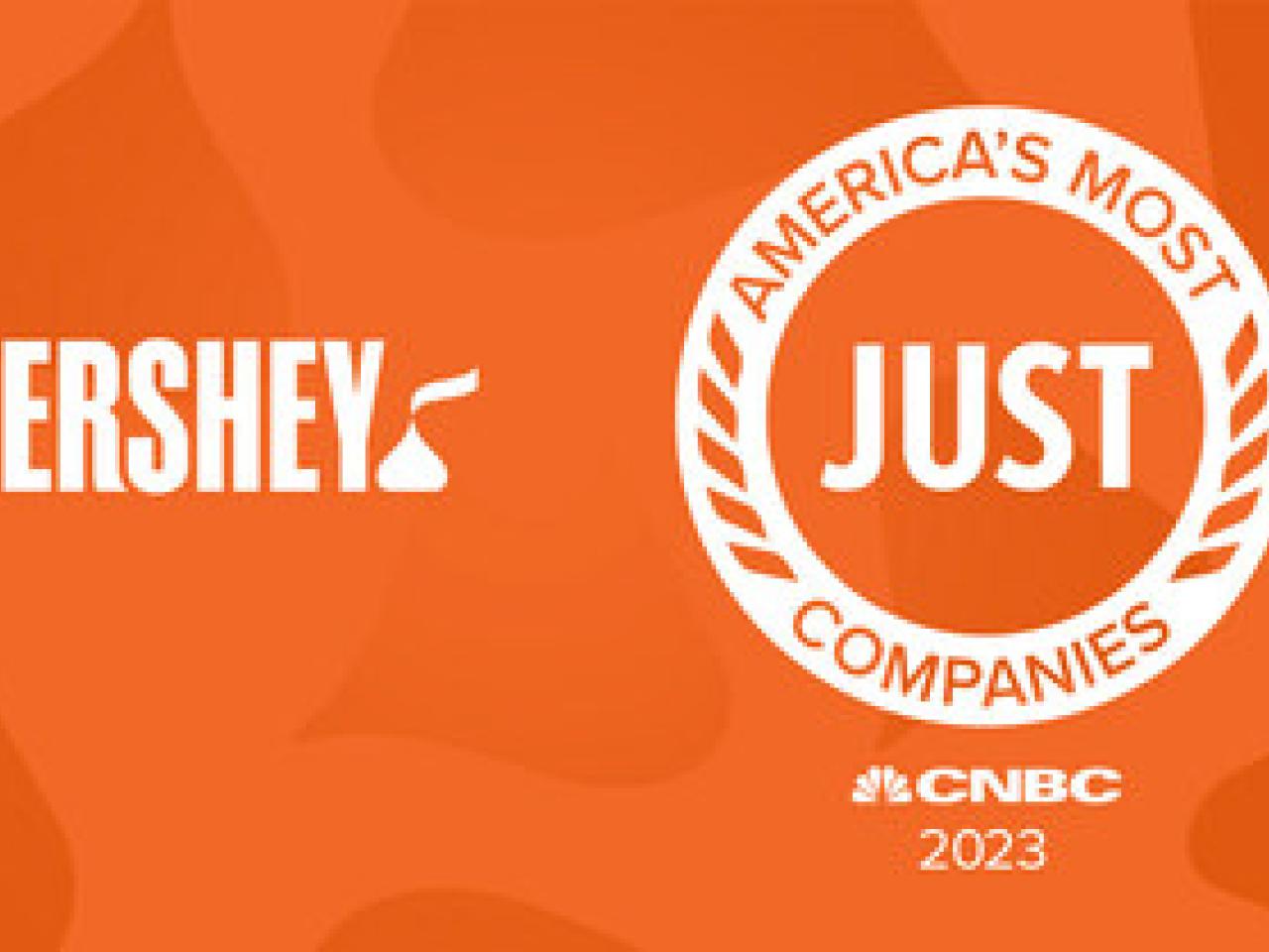 Hershey logo next to "America's most just companies" logo on an orange background