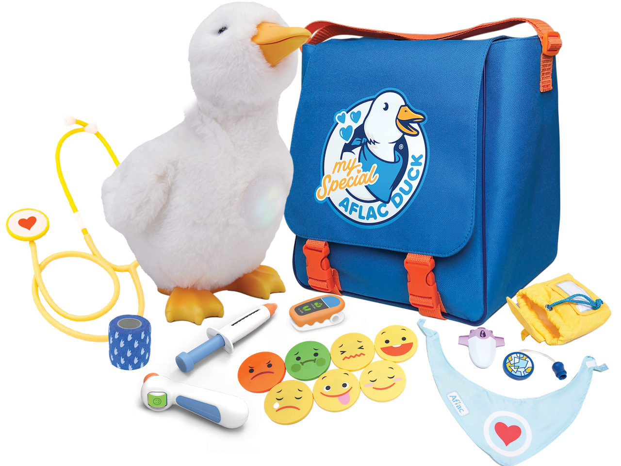 My Special Aflac Duck shown with his bag and accessories. 