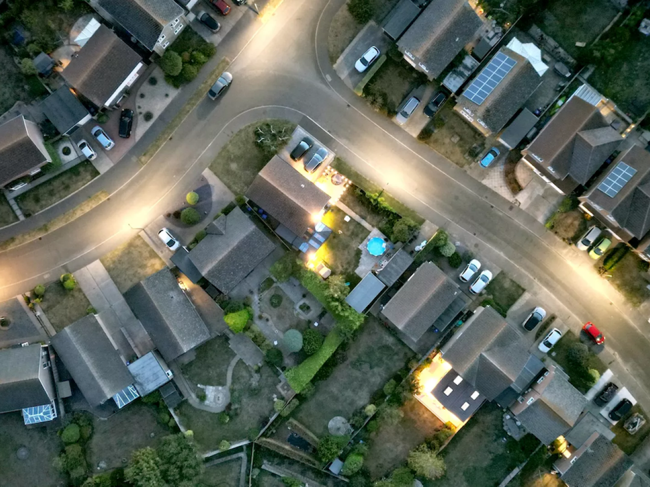 Overhead view of a neighborhood.