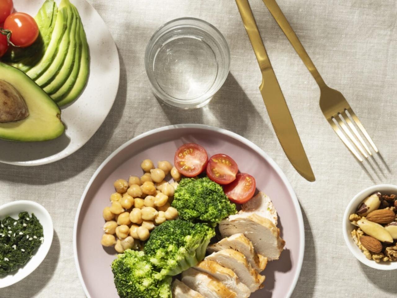 A nutritious meal is shown on a table top.