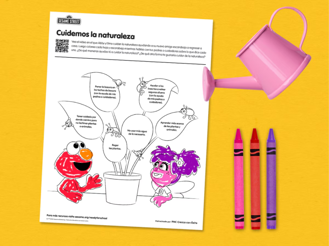 Sesame Street coloring page with text in Spanish