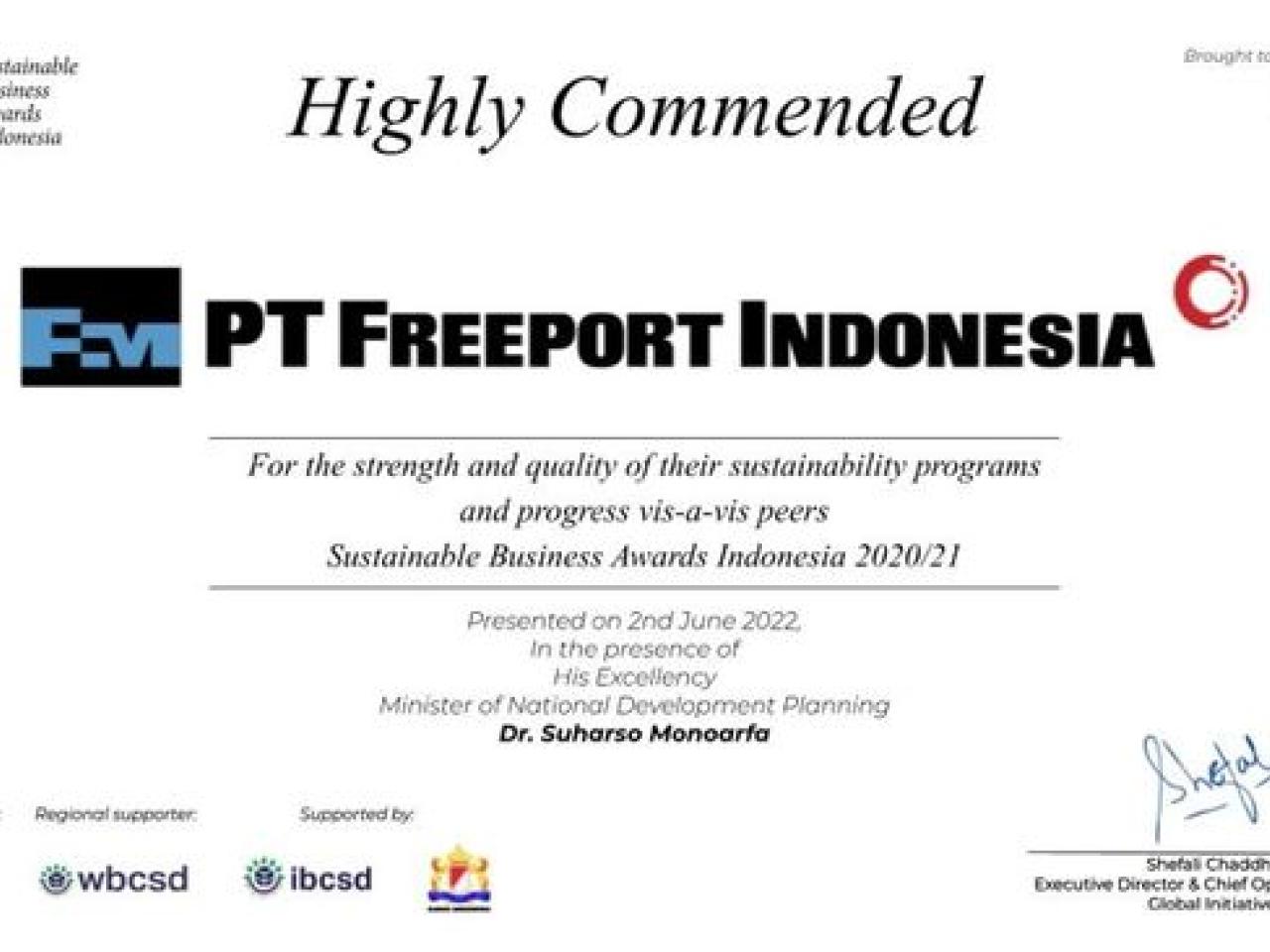 PT Freeport Indonesia's Sustainable Business Practices Award in the Highly Commended Category