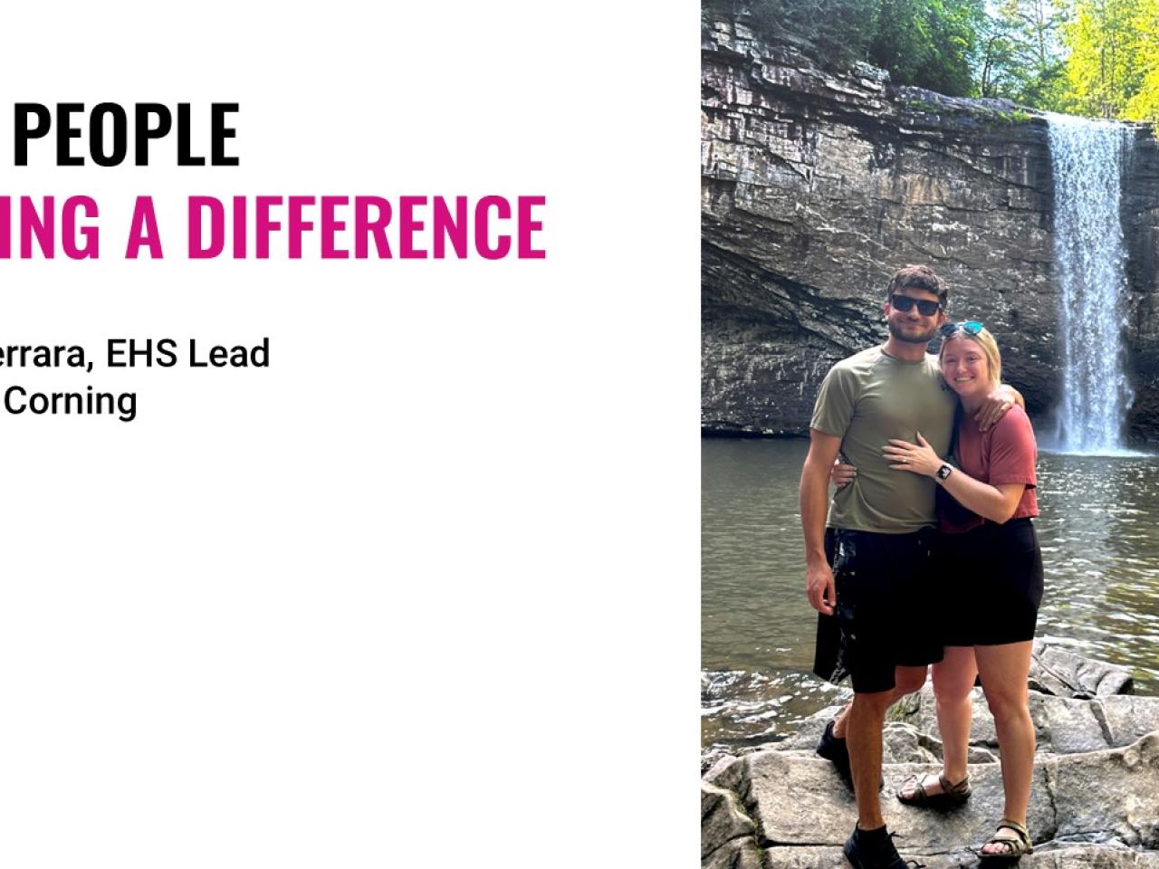 "Our People Making a Difference" with an image of two people near a waterfall