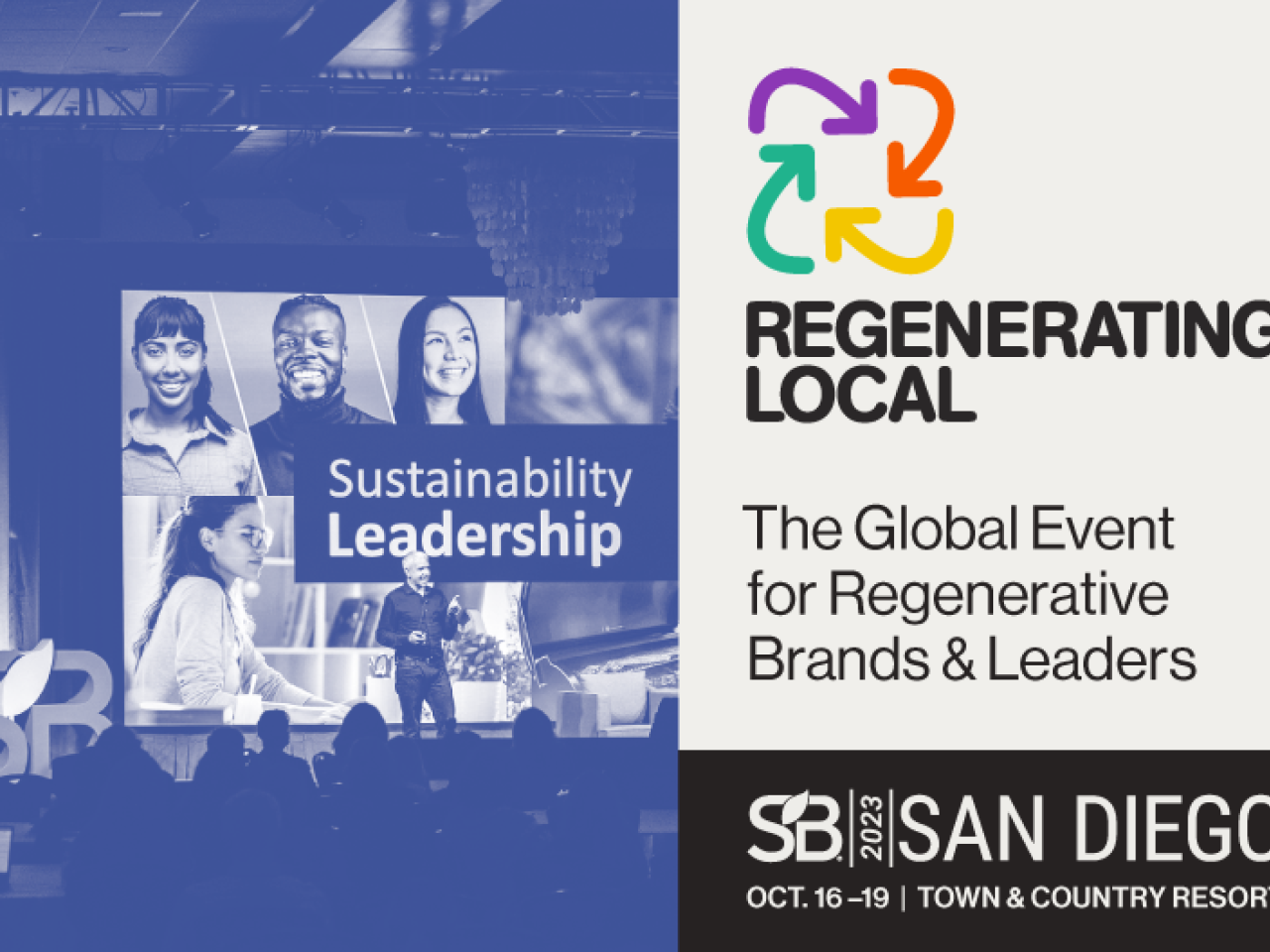 Picture of speaker on stage next to the words, "Regenerating Local: The Global Event for Regenerative Brands & Leaders"