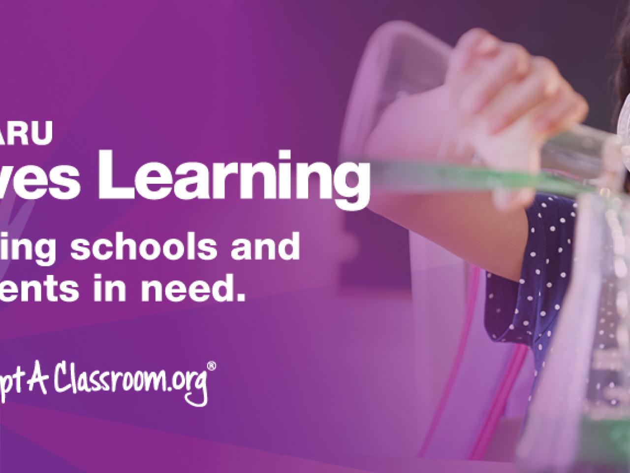 A child pouring liquid from one beaker to another. "Subaru Loves Learning helping schools and students in need"