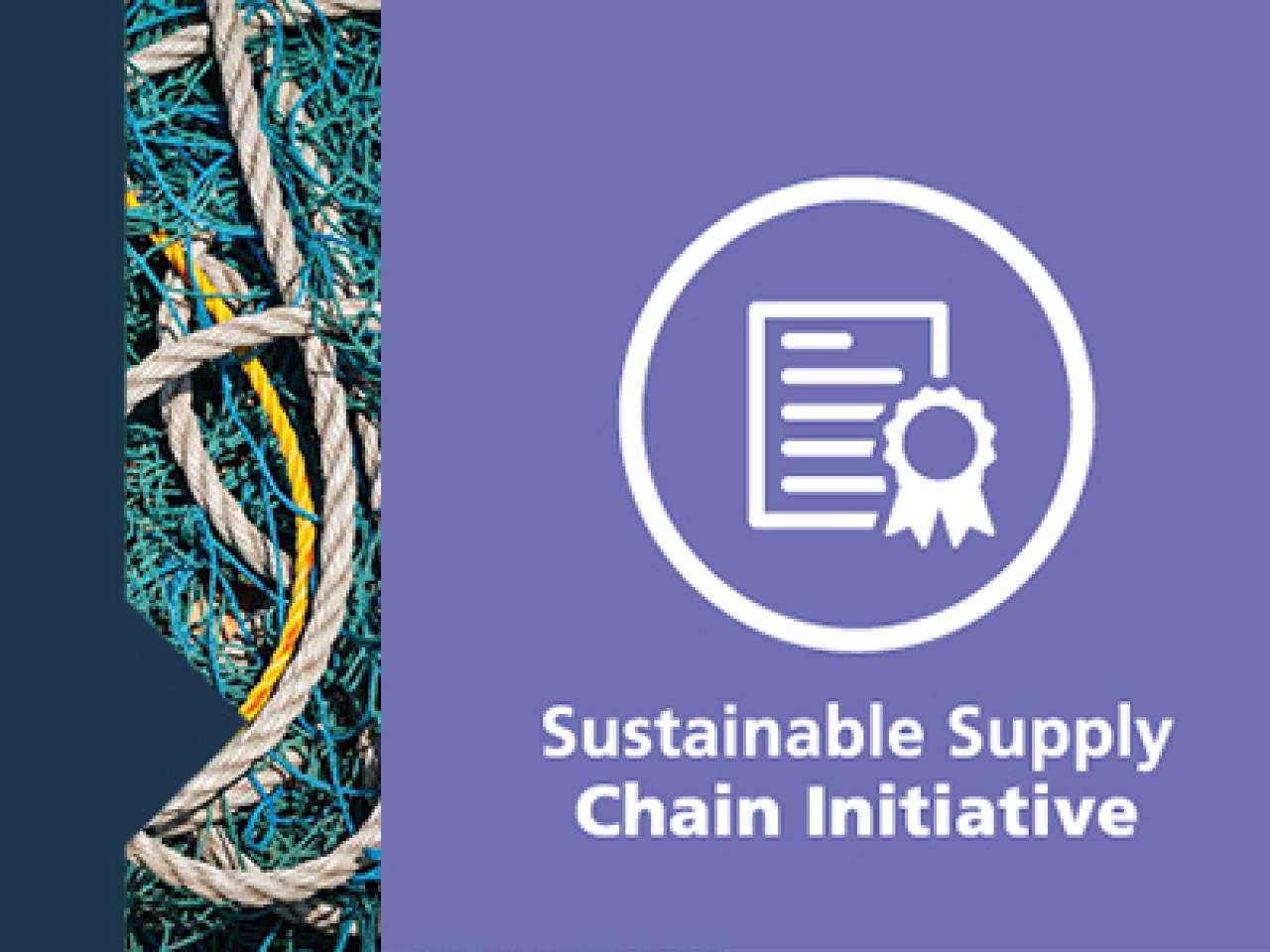 A purple background with white text that reads "Sustainable Supply Chain Initiative", above is an illustration of a certificate and rosette