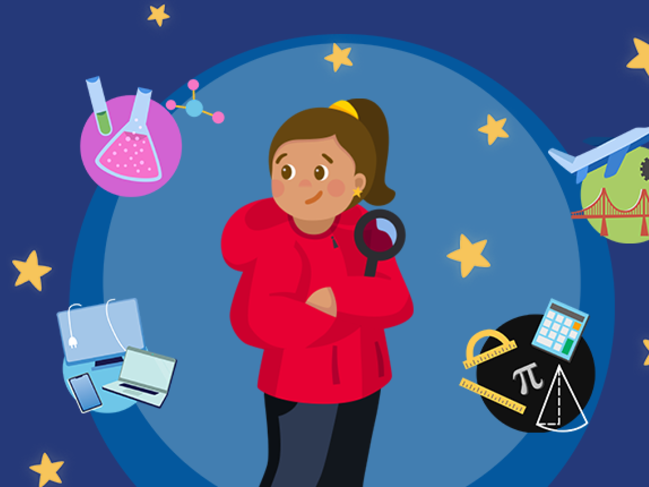 drawing of girl with STEM icons around her