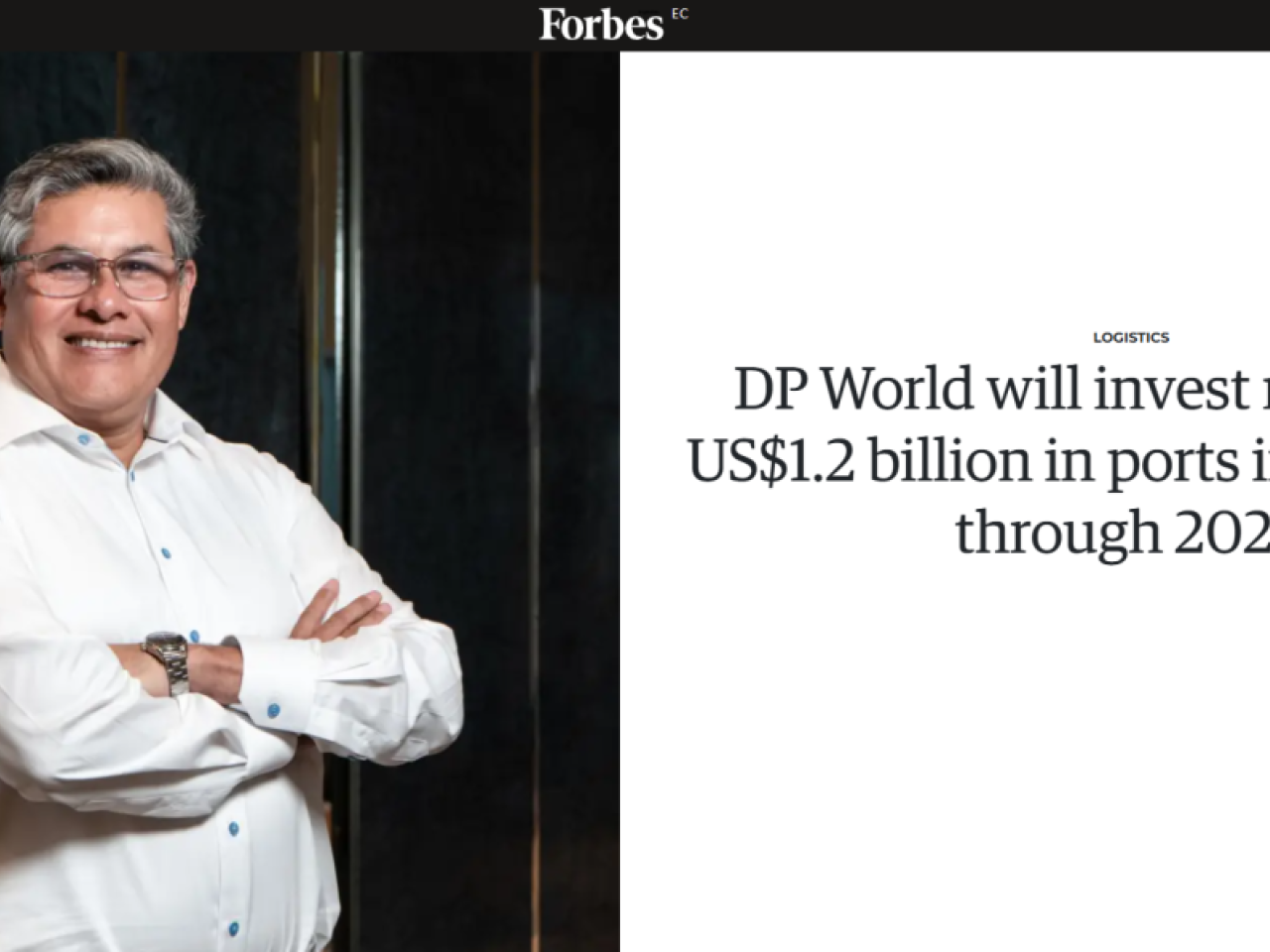 Screenshot of a Forbes Ecuador article header showing DP World executive Carlos Merino standing with arms crossed beside the headline announcing more than US$1.2 billion in planned port investments through 2028.